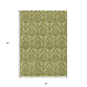 Homeroots 5' X 8' Green Damask Washable Non Skid Indoor Outdoor Area Rug Green Polyester 563884