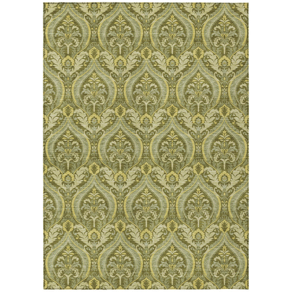 Homeroots 5' X 8' Green Damask Washable Non Skid Indoor Outdoor Area Rug Green Polyester 563884