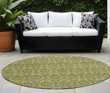 Homeroots 8' Round Green Round Damask Washable Non Skid Indoor Outdoor Area Rug Green Polyester 563885