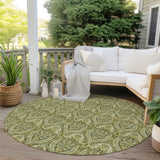 Homeroots 8' Round Green Round Damask Washable Non Skid Indoor Outdoor Area Rug Green Polyester 563885