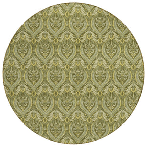 Homeroots 8' Round Green Round Damask Washable Non Skid Indoor Outdoor Area Rug Green Polyester 563885
