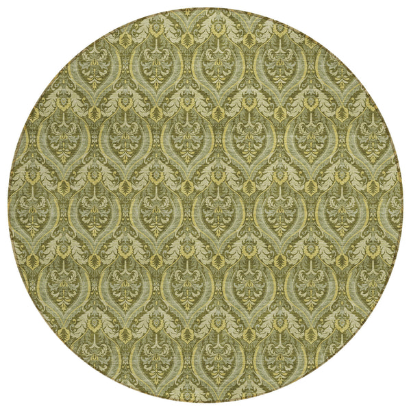 Homeroots 8' Round Green Round Damask Washable Non Skid Indoor Outdoor Area Rug Green Polyester 563885
