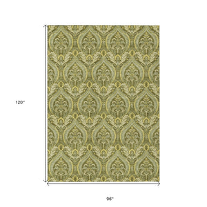 Homeroots 8' X 10' Green Damask Washable Non Skid Indoor Outdoor Area Rug Green Polyester 563886