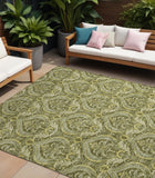 Homeroots 8' X 10' Green Damask Washable Non Skid Indoor Outdoor Area Rug Green Polyester 563886