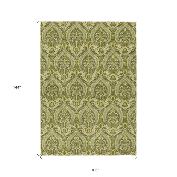 Homeroots 9' X 12' Green Damask Washable Non Skid Indoor Outdoor Area Rug Green Polyester 563887