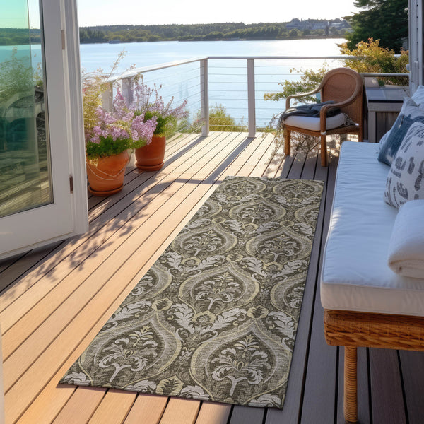 Homeroots 8' Runner Taupe And Beige Damask Washable Non Skid Indoor Outdoor Runner Rug Taupe Polyester 563890