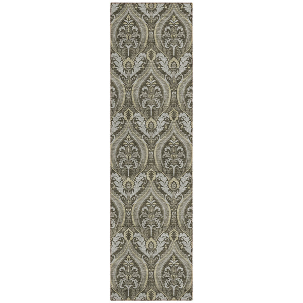 Homeroots 8' Runner Taupe And Beige Damask Washable Non Skid Indoor Outdoor Runner Rug Taupe Polyester 563890