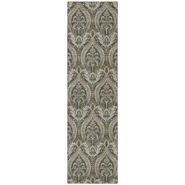 Homeroots 8' Runner Taupe And Beige Damask Washable Non Skid Indoor Outdoor Runner Rug Taupe Polyester 563890