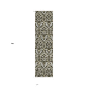 Homeroots 8' Runner Taupe And Beige Damask Washable Non Skid Indoor Outdoor Runner Rug Taupe Polyester 563890