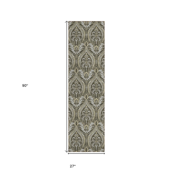 Homeroots 8' Runner Taupe And Beige Damask Washable Non Skid Indoor Outdoor Runner Rug Taupe Polyester 563890