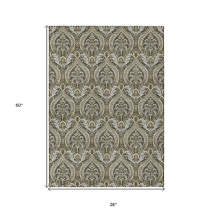 Homeroots 3' X 5' Taupe And Beige Damask Washable Non Skid Indoor Outdoor Area Rug Taupe Polyester 563892