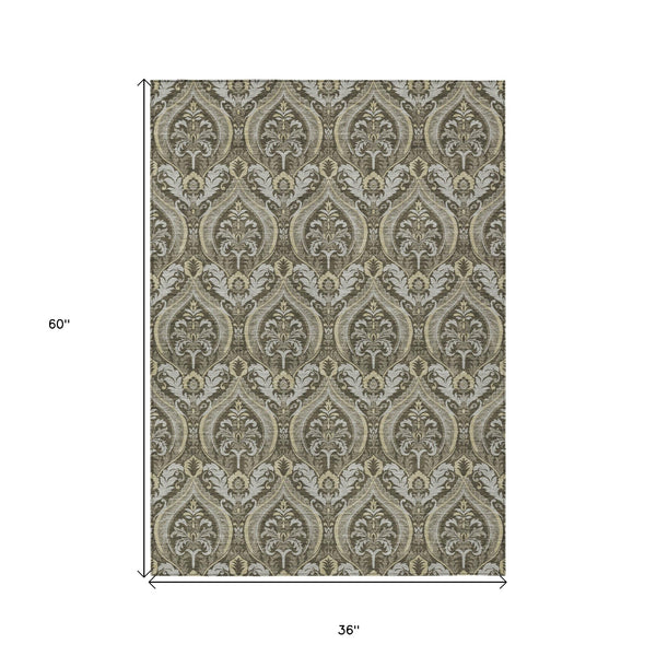 Homeroots 3' X 5' Taupe And Beige Damask Washable Non Skid Indoor Outdoor Area Rug Taupe Polyester 563892