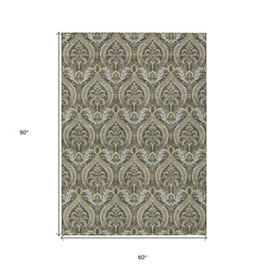 Homeroots 5' X 8' Taupe And Beige Damask Washable Non Skid Indoor Outdoor Area Rug Taupe Polyester 563893