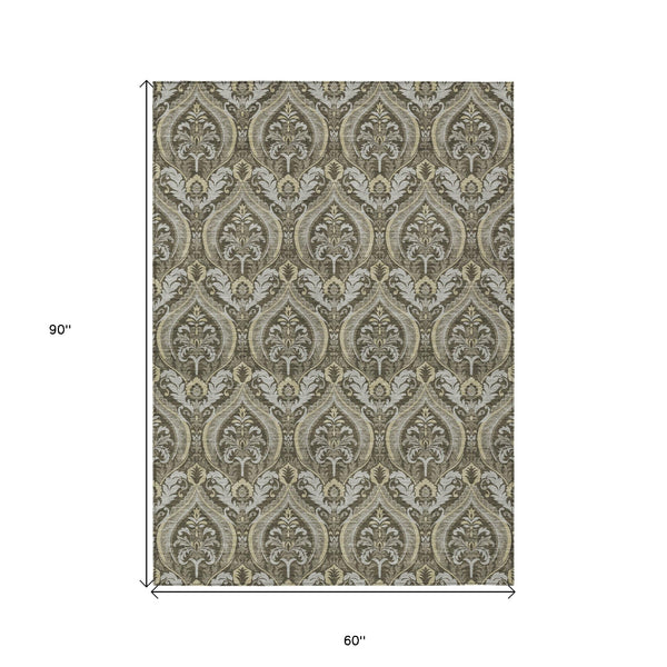 Homeroots 5' X 8' Taupe And Beige Damask Washable Non Skid Indoor Outdoor Area Rug Taupe Polyester 563893
