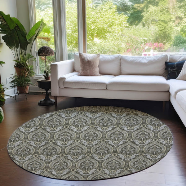 HomeRoots 5' Elegant Light Green Damask Area Rug – Washable, Durable, Perfect for Indoor and Outdoor Spaces 8' Round 563894