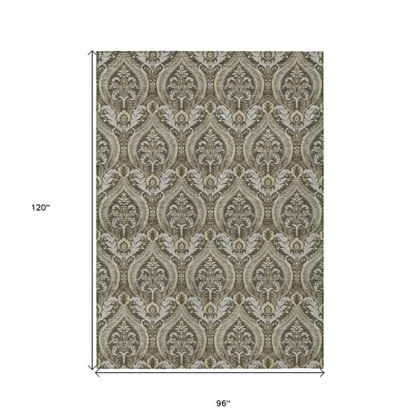 Homeroots 8' X 10' Taupe And Beige Damask Washable Non Skid Indoor Outdoor Area Rug Taupe Polyester 563895