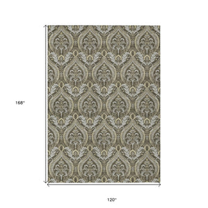 Homeroots 10' X 14' Taupe And Beige Damask Washable Non Skid Indoor Outdoor Area Rug Taupe Polyester 563897