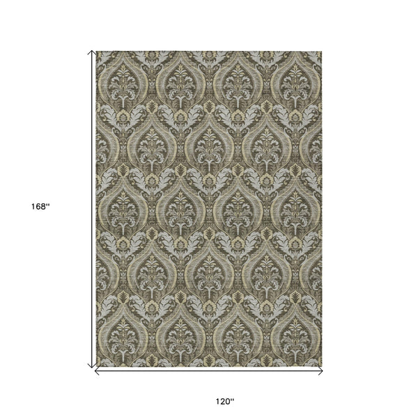 Homeroots 10' X 14' Taupe And Beige Damask Washable Non Skid Indoor Outdoor Area Rug Taupe Polyester 563897