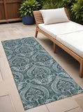 Homeroots 8' Runner Teal Damask Washable Non Skid Indoor Outdoor Runner Rug Teal Polyester 563899