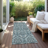 Homeroots 8' Runner Teal Damask Washable Non Skid Indoor Outdoor Runner Rug Teal Polyester 563899