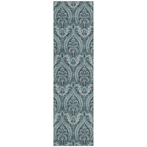 Homeroots 8' Runner Teal Damask Washable Non Skid Indoor Outdoor Runner Rug Teal Polyester 563899