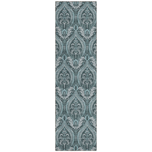Homeroots 8' Runner Teal Damask Washable Non Skid Indoor Outdoor Runner Rug Teal Polyester 563899