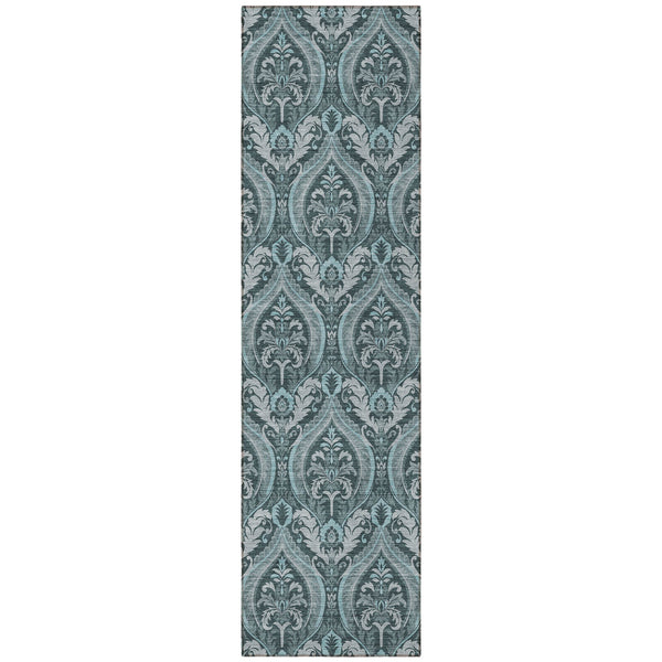 Homeroots 8' Runner Teal Damask Washable Non Skid Indoor Outdoor Runner Rug Teal Polyester 563899