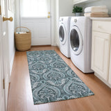 Homeroots 8' Runner Teal Damask Washable Non Skid Indoor Outdoor Runner Rug Teal Polyester 563899