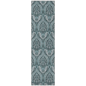 Homeroots 8' Runner Teal Damask Washable Non Skid Indoor Outdoor Runner Rug Teal Polyester 563899
