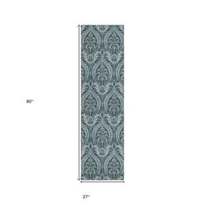 Homeroots 8' Runner Teal Damask Washable Non Skid Indoor Outdoor Runner Rug Teal Polyester 563899