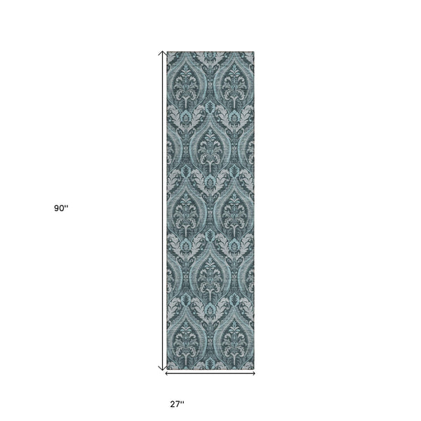 Homeroots 8' Runner Teal Damask Washable Non Skid Indoor Outdoor Runner Rug Teal Polyester 563899