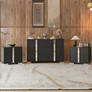 English Elm 3-Pieces Mirrored 6-Drawer Dresser and Two Nightstands with Sleek Metal Legs for Modern Living Black 54.25 L x 20.75 W x 8.5 H N733S307938B