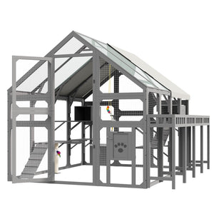 English Elm Large Walk-in Pine Wood Catio Enclosure with Platforms Resting Boxes and Planter Grey N704G201619E