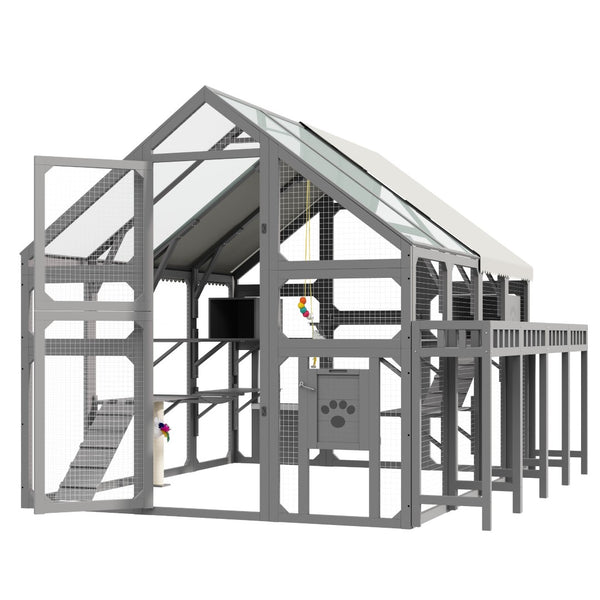English Elm Large Walk-in Pine Wood Catio Enclosure with Platforms Resting Boxes and Planter Grey N704G201619E