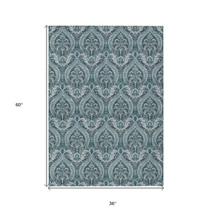 Homeroots 3' X 5' Teal Damask Washable Non Skid Indoor Outdoor Area Rug Teal Polyester 563901