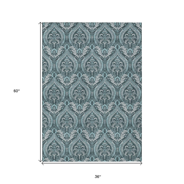 Homeroots 3' X 5' Teal Damask Washable Non Skid Indoor Outdoor Area Rug Teal Polyester 563901