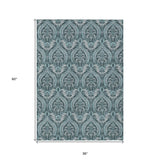 Homeroots 3' X 5' Teal Damask Washable Non Skid Indoor Outdoor Area Rug Teal Polyester 563901