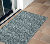 Homeroots 3' X 5' Teal Damask Washable Non Skid Indoor Outdoor Area Rug Teal Polyester 563901