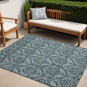 Homeroots 5' X 8' Teal Damask Washable Non Skid Indoor Outdoor Area Rug Teal Polyester 563902