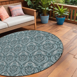 Homeroots 8' Round Teal Round Damask Washable Non Skid Indoor Outdoor Area Rug Teal Polyester 563903