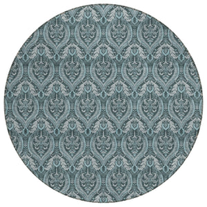 Homeroots 8' Round Teal Round Damask Washable Non Skid Indoor Outdoor Area Rug Teal Polyester 563903