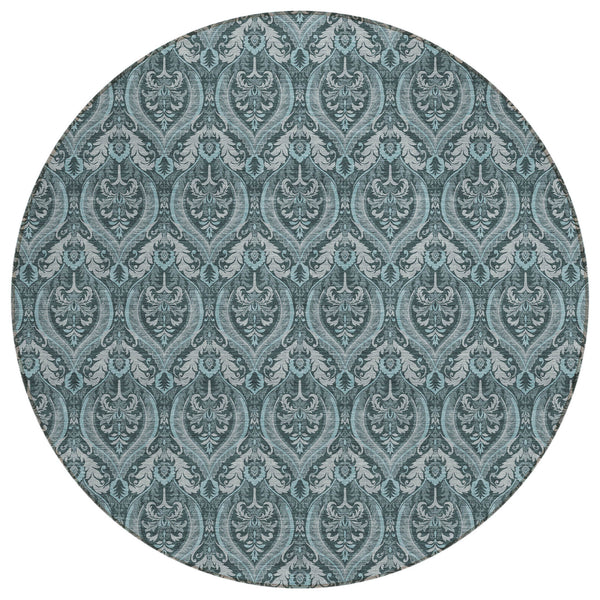 Homeroots 8' Round Teal Round Damask Washable Non Skid Indoor Outdoor Area Rug Teal Polyester 563903
