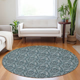 Homeroots 8' Round Teal Round Damask Washable Non Skid Indoor Outdoor Area Rug Teal Polyester 563903