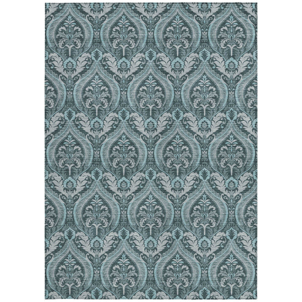 Homeroots 9' X 12' Teal Damask Washable Non Skid Indoor Outdoor Area Rug Teal Polyester 563905