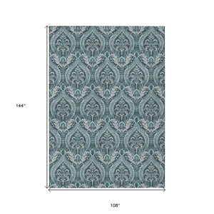 Homeroots 9' X 12' Teal Damask Washable Non Skid Indoor Outdoor Area Rug Teal Polyester 563905
