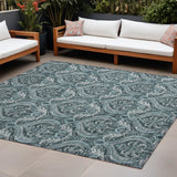 Homeroots 9' X 12' Teal Damask Washable Non Skid Indoor Outdoor Area Rug Teal Polyester 563905