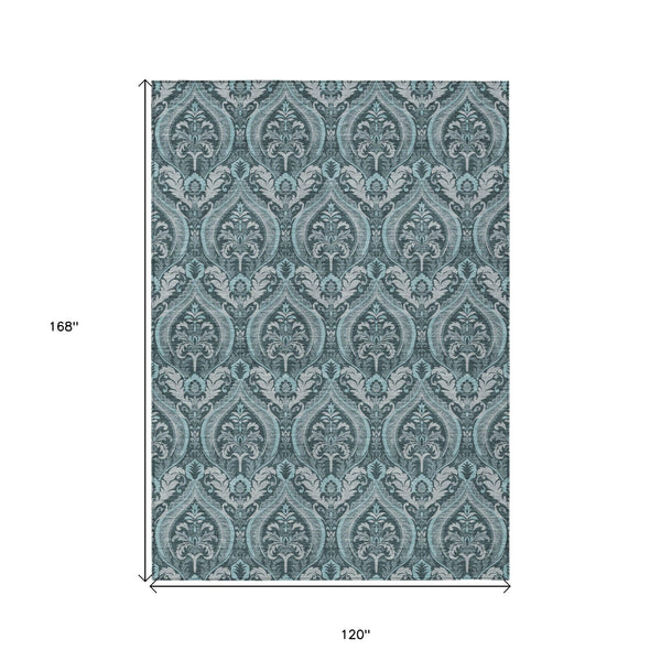 Homeroots 10' X 14' Teal Damask Washable Non Skid Indoor Outdoor Area Rug Teal Polyester 563906