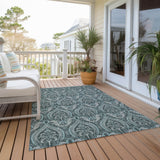 Homeroots 10' X 14' Teal Damask Washable Non Skid Indoor Outdoor Area Rug Teal Polyester 563906