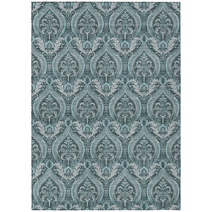Homeroots 10' X 14' Teal Damask Washable Non Skid Indoor Outdoor Area Rug Teal Polyester 563906