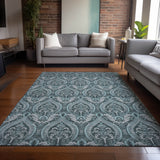 Homeroots 10' X 14' Teal Damask Washable Non Skid Indoor Outdoor Area Rug Teal Polyester 563906